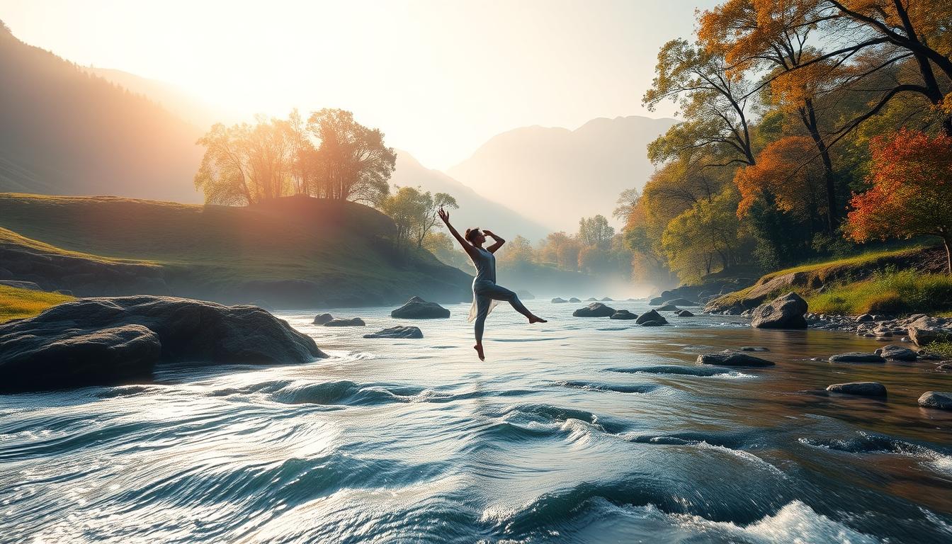 Pessoa realizando movimento fluido de yoga com consciência corporal plena