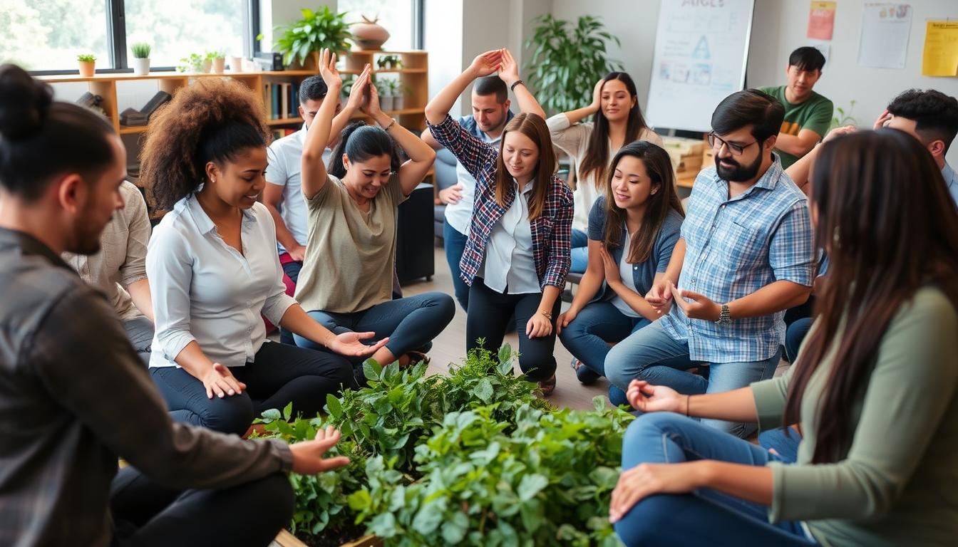 Pessoas praticando autocuidado coletivo em ambiente de trabalho ou comunidade