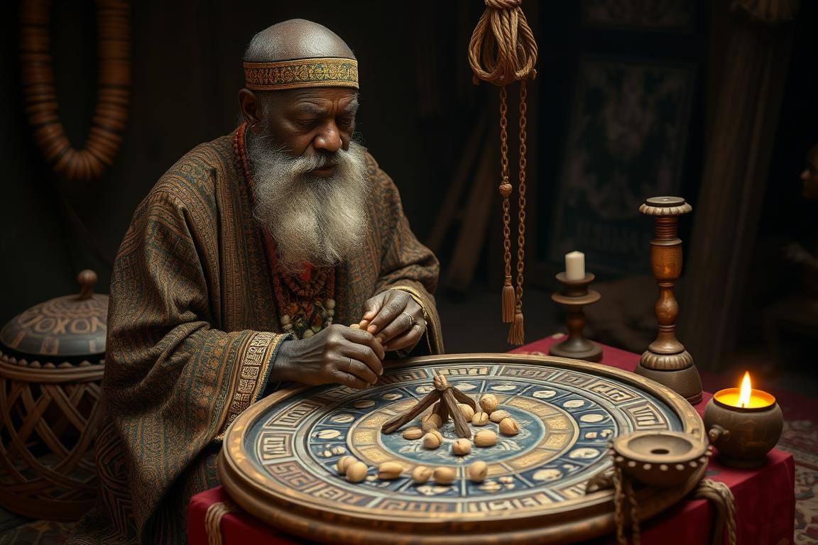 Sacerdote realizando consulta com o oráculo de Ifá, tradição yoruba