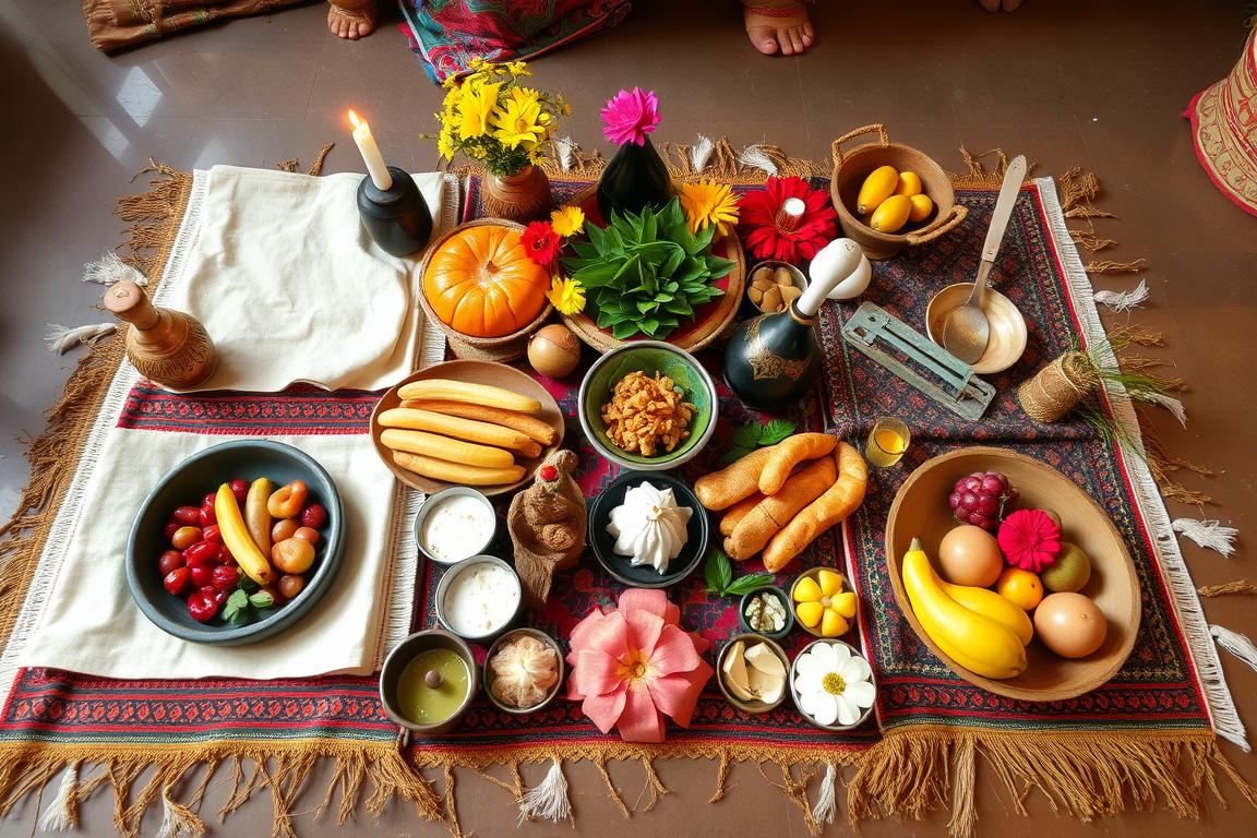 Oferendas rituais com alimentos, flores e objetos sagrados para divindades africanas
