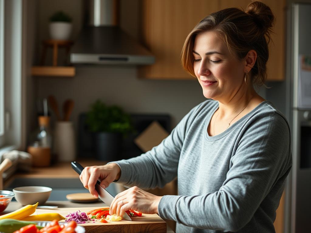 Pessoa preparando alimentos com atenção plena aos sentidos e ao processo