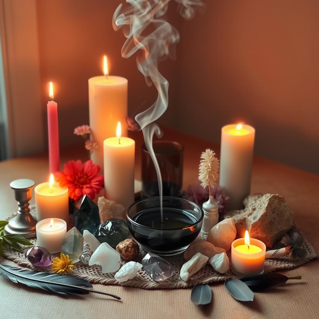 Altar com velas, cristais e elementos naturais para ritual espiritual