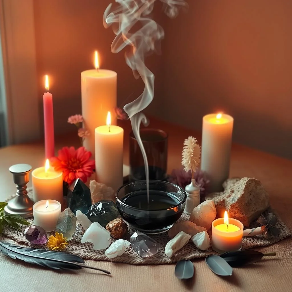Altar com velas, cristais e elementos naturais para ritual espiritual