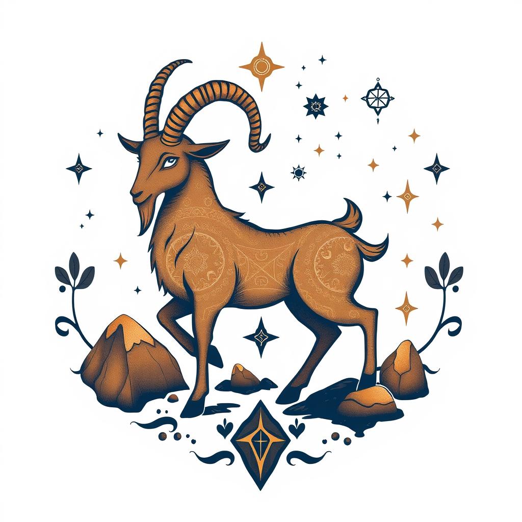 Símbolo de Capricórnio com elementos que representam o horoscopo mensal para este signo