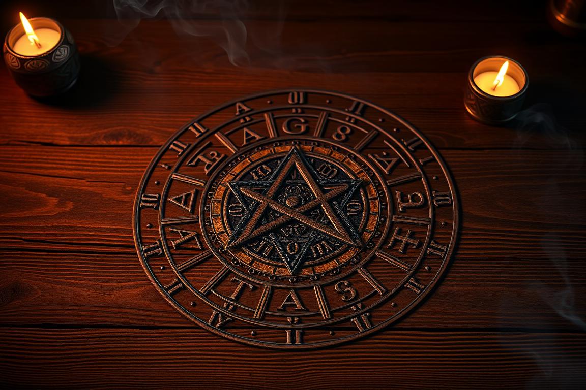 Oráculo Místico com runas nórdicas dispostas em padrão circular em fundo de madeira