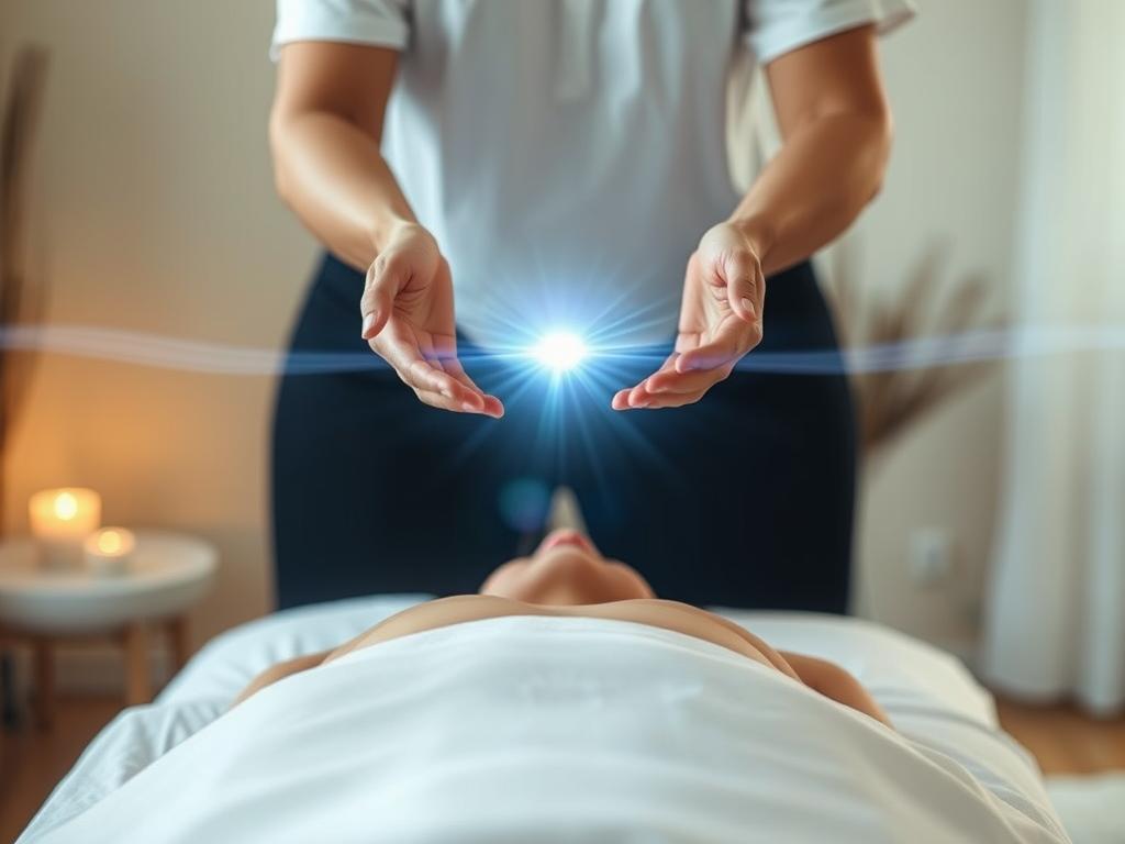Sessão de Reiki com visualização do fluxo de energia entre terapeuta e paciente