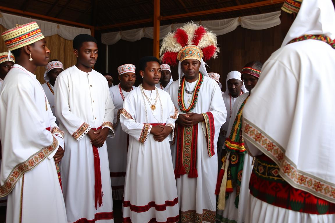 Cerimônia de candomblé com filhos de santo em vestimentas tradicionais