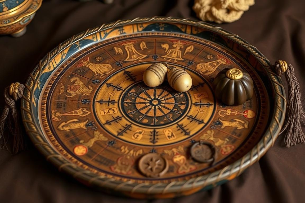 Sistema oracular de Ifá com tabuleiro de adivinhação e símbolos sagrados