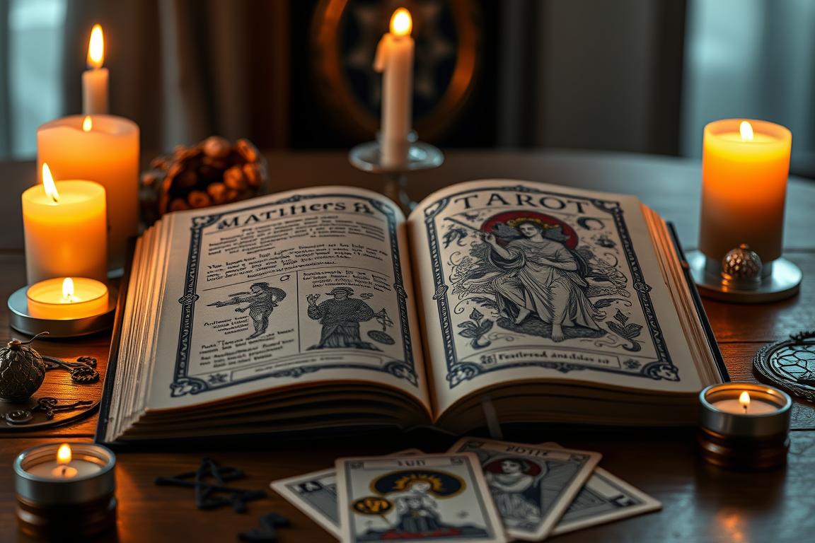 Livro aberto sobre tarot com cartas e símbolos místicos ao redor