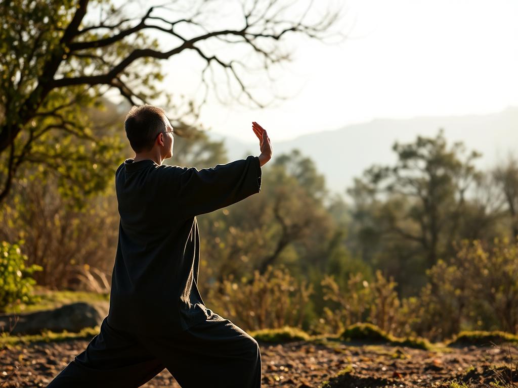 Pessoa praticando movimentos fluidos de Tai Chi em ambiente natural