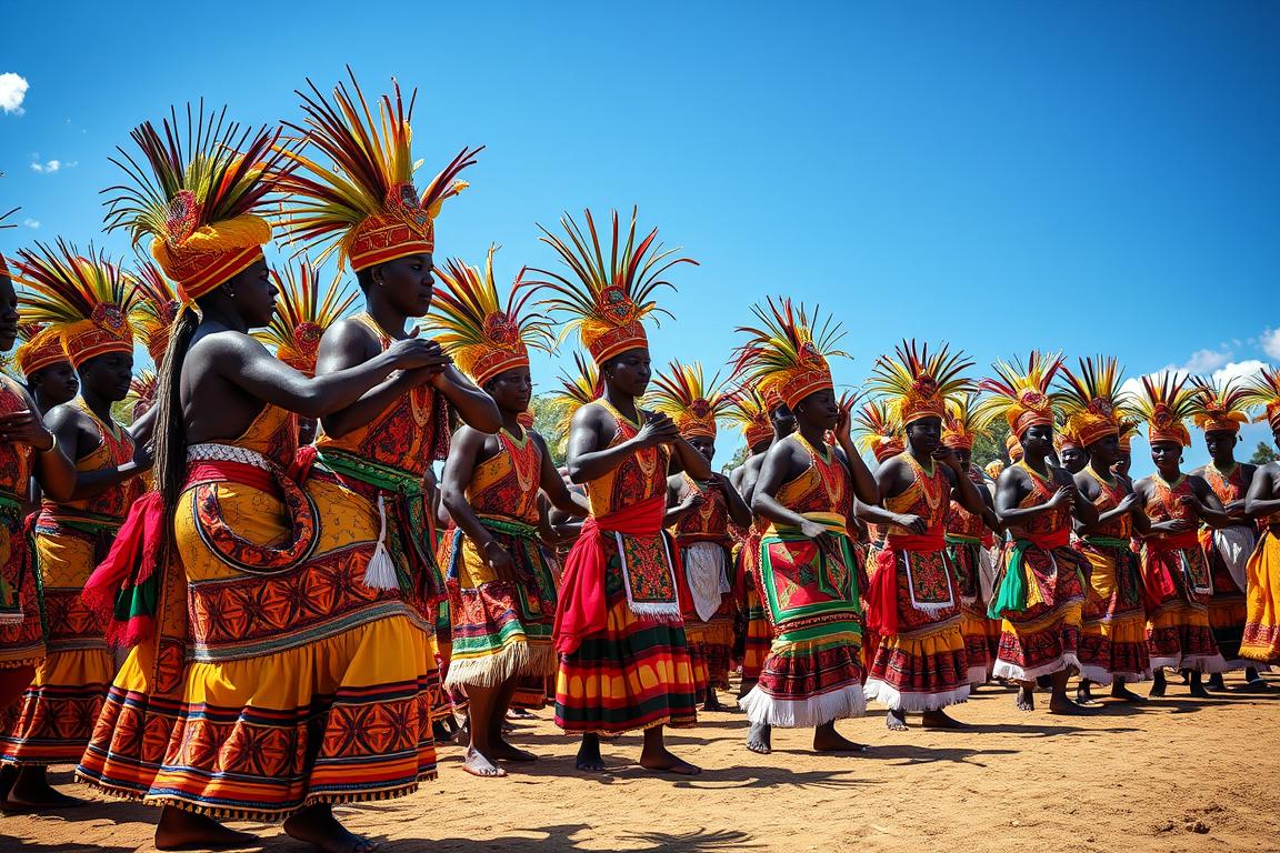Cerimônia de candomblé com filhos de santo dançando para os orixás