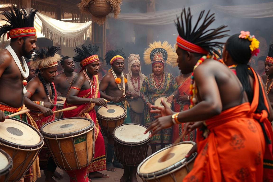 Ritual com tambores, dança e manifestação espiritual em cerimônia de matriz africana