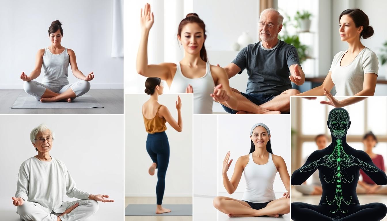 Diversas práticas de integração mente-corpo representadas em uma colagem visual