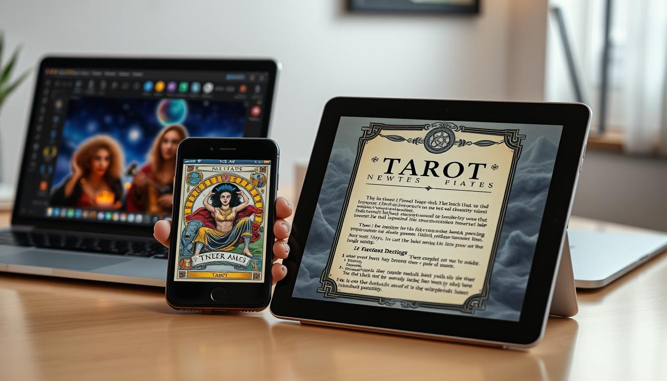 Newsletter de Tarot sendo visualizada em diferentes dispositivos com cartas místicas