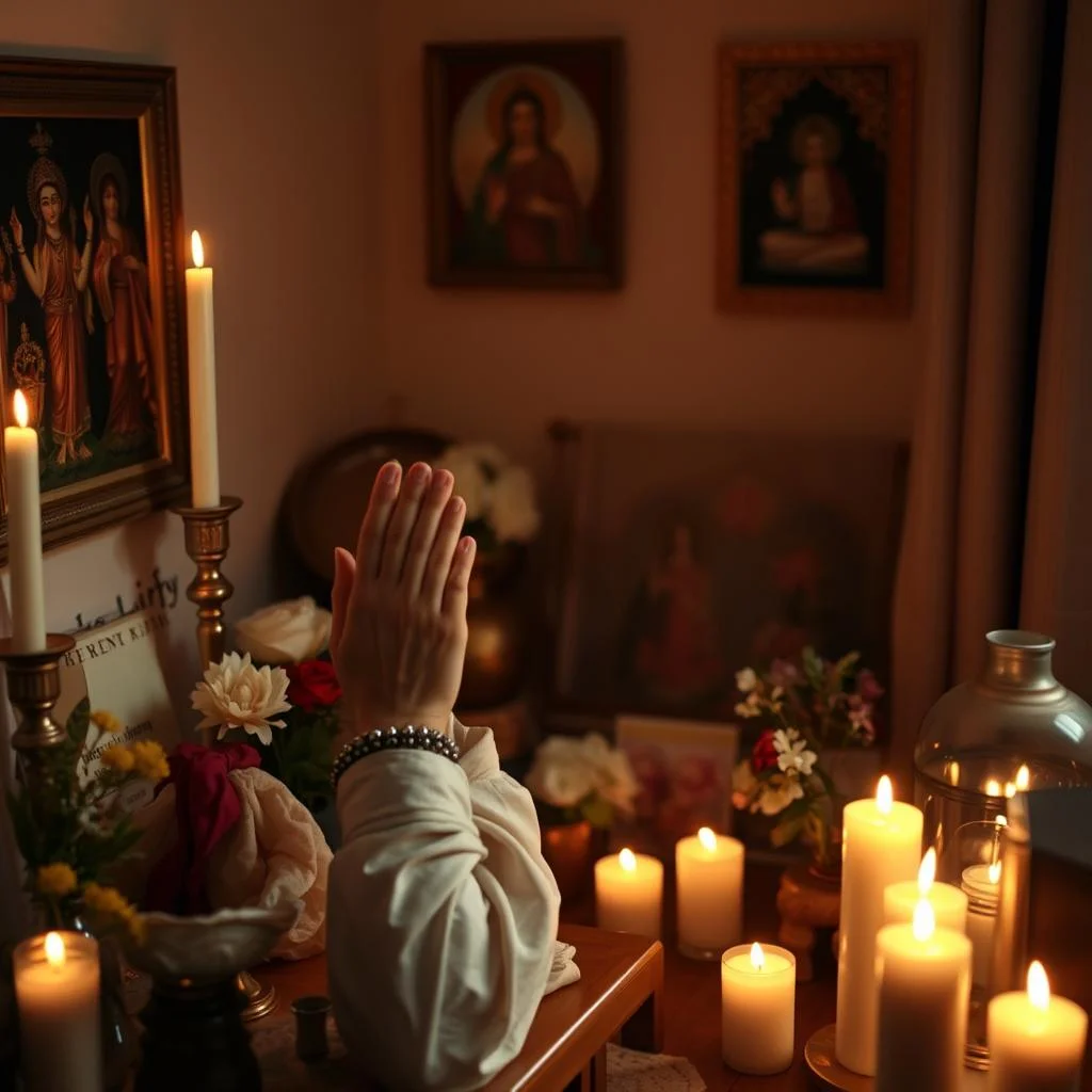Altar com elementos devocionais e pessoa em oração