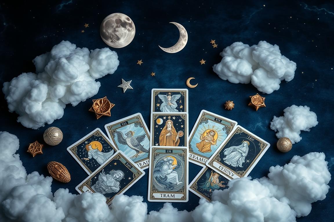 Tarot dos Sonhos com cartas e símbolos oníricos em fundo azul noturno