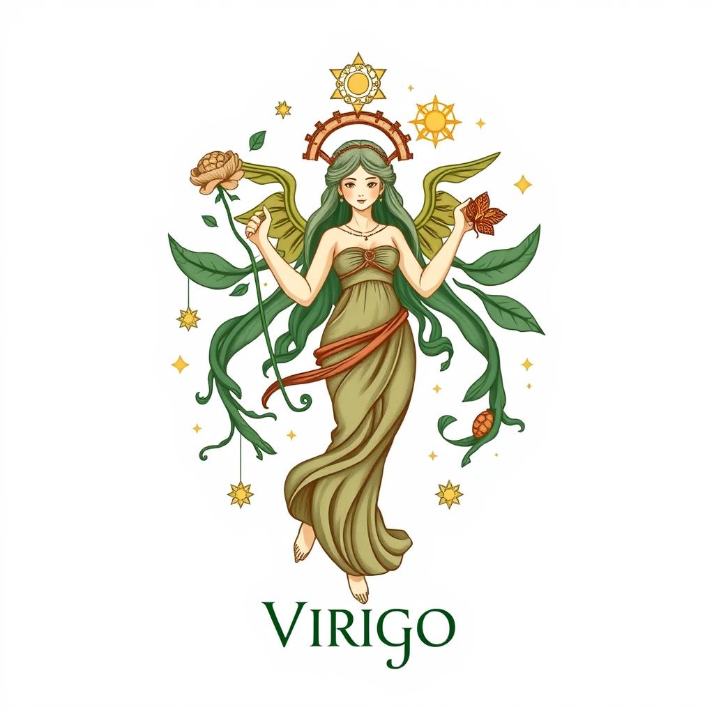 Símbolo de Virgem com elementos que representam o horoscopo mensal para este signo