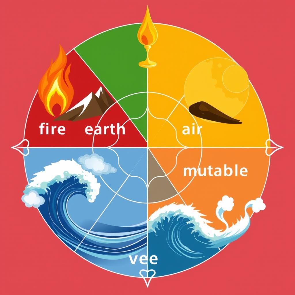 Os quatro elementos (fogo, terra, ar e água) e as três modalidades (cardinal, fixo e mutável)