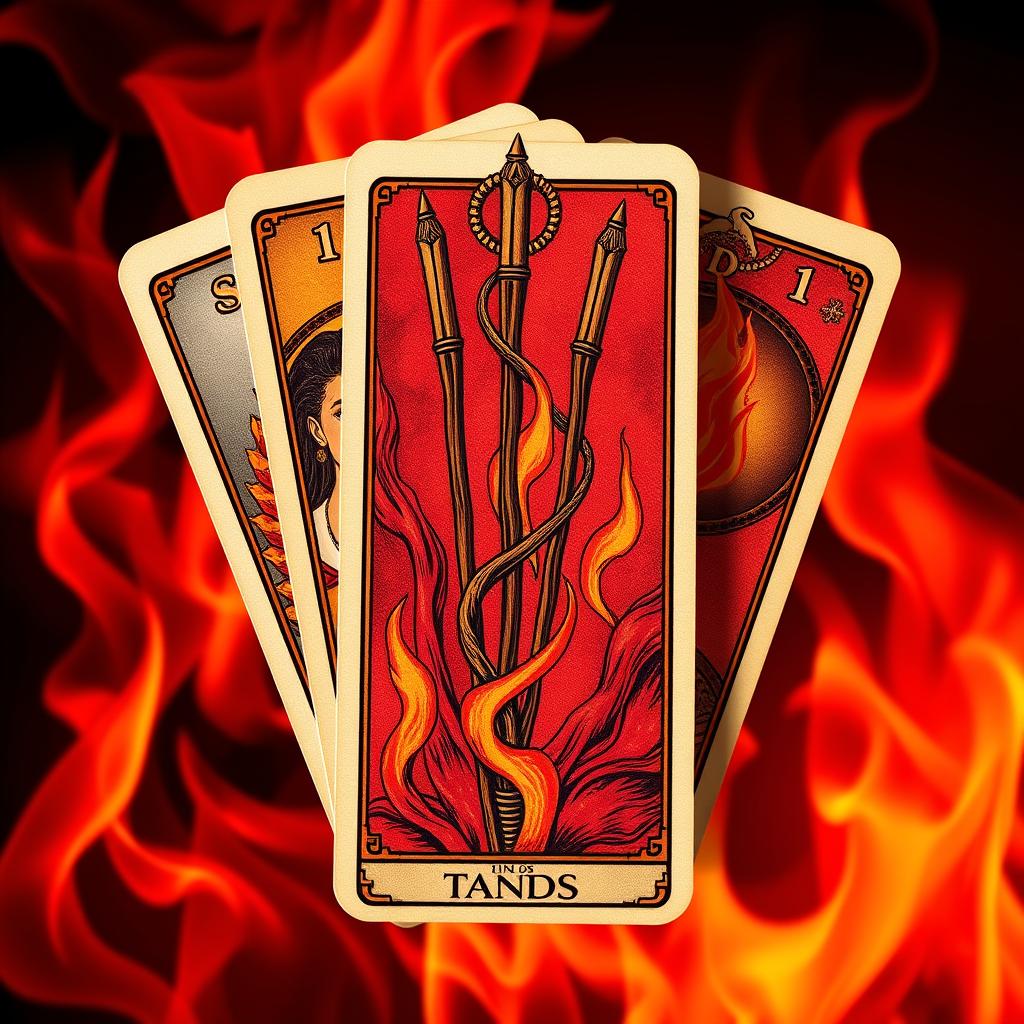 Naipe de Paus do Tarot com símbolos de fogo e criatividade em tons de vermelho