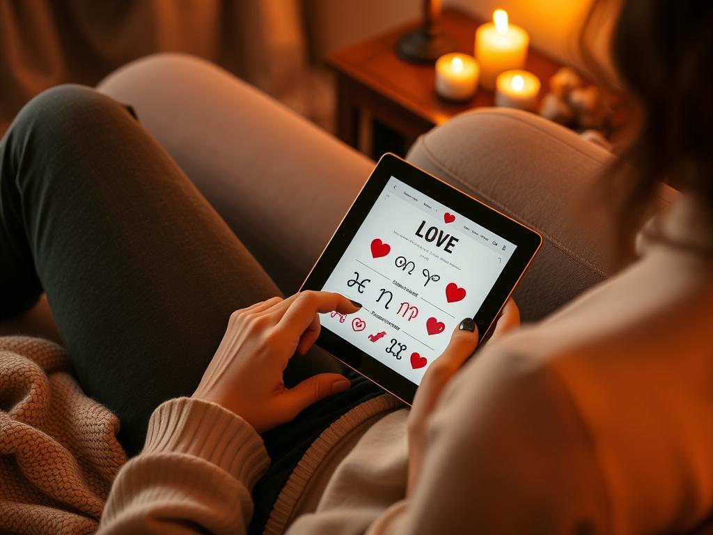 Pessoa consultando o Horóscopo do Amor em um tablet com símbolos astrológicos de coração