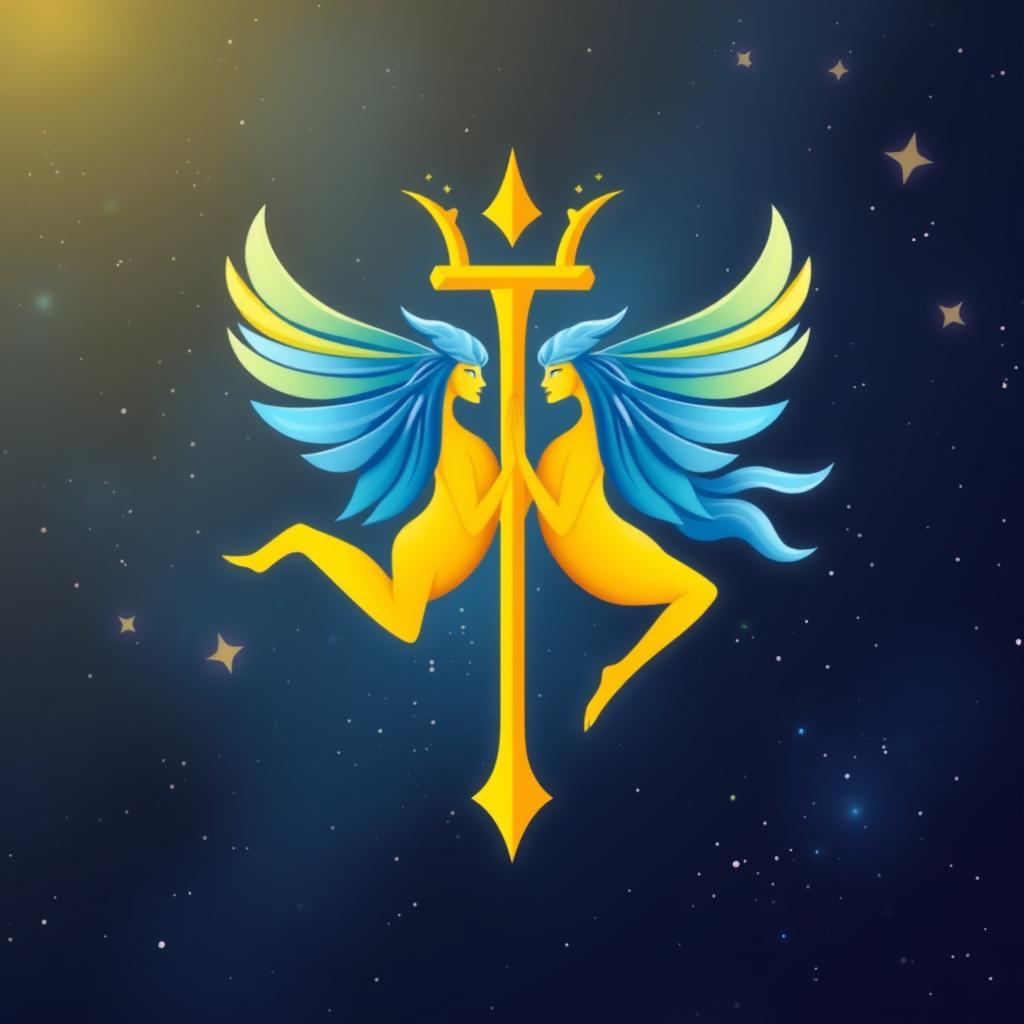 Símbolo de Gêmeos com elementos que representam o horóscopo da semana para este signo