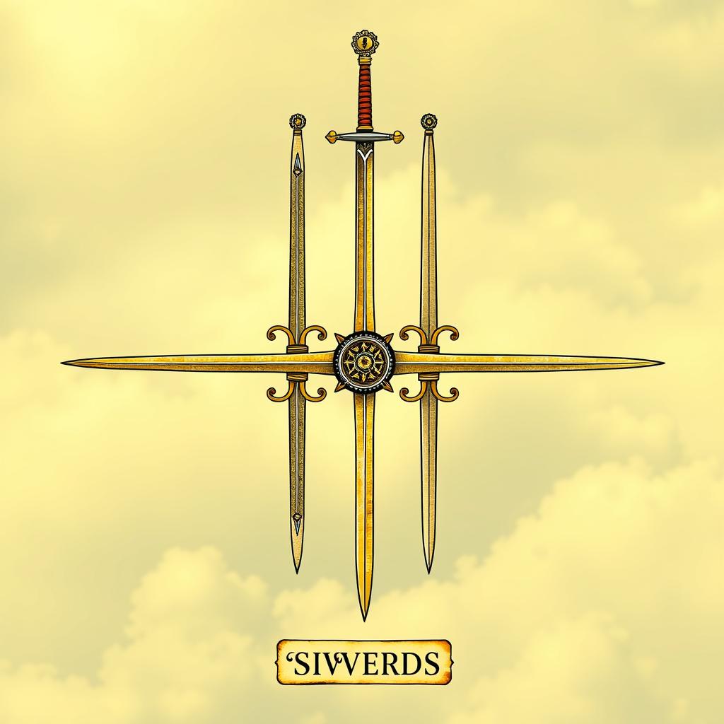 Naipe de Espadas do Tarot com símbolos de ar e intelecto em tons de amarelo