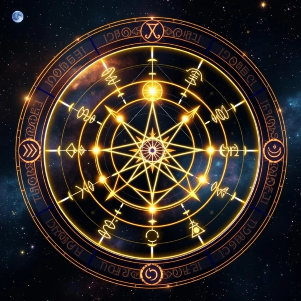 Mapa astral com símbolos dos planetas e signos