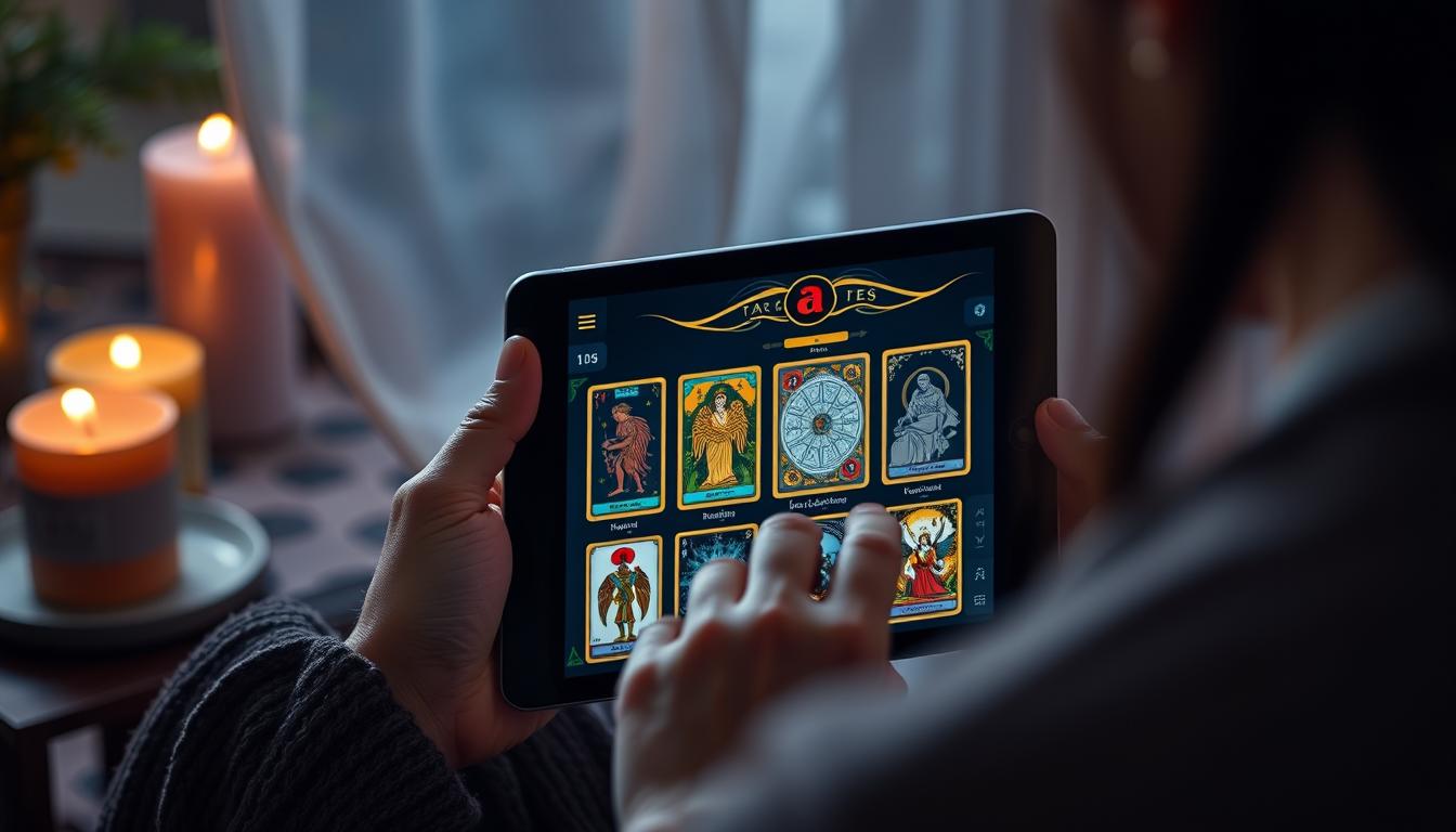 Pessoa consultando jogos de tarot grátis em um tablet com cartas virtuais coloridas