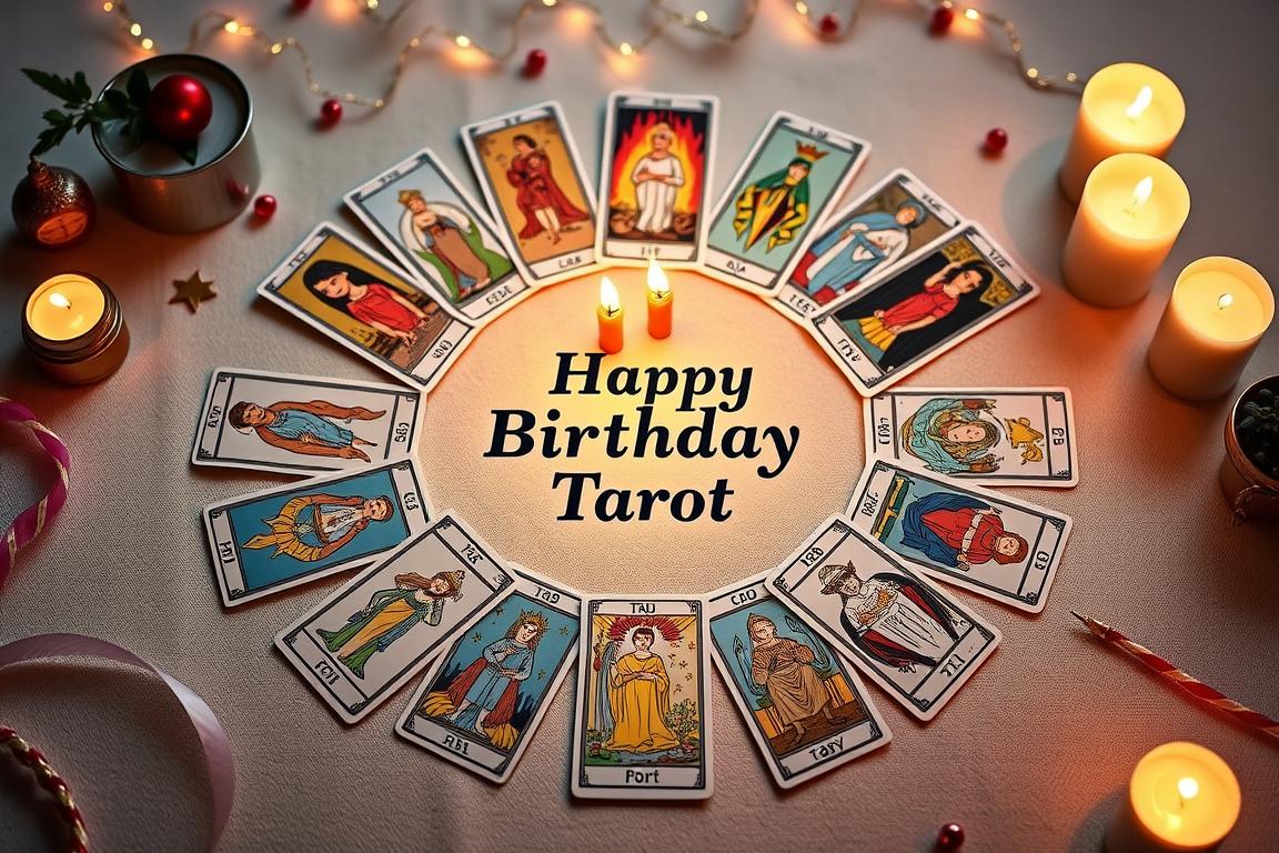 Tarot do Aniversário com cartas dispostas em círculo representando o ciclo anual