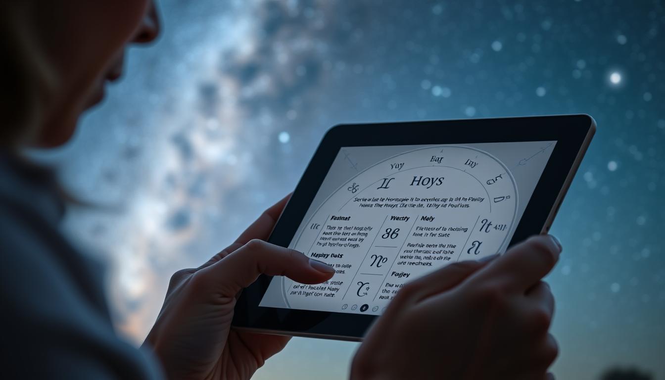 Pessoa consultando horóscopo da semana em um tablet com céu estrelado ao fundo