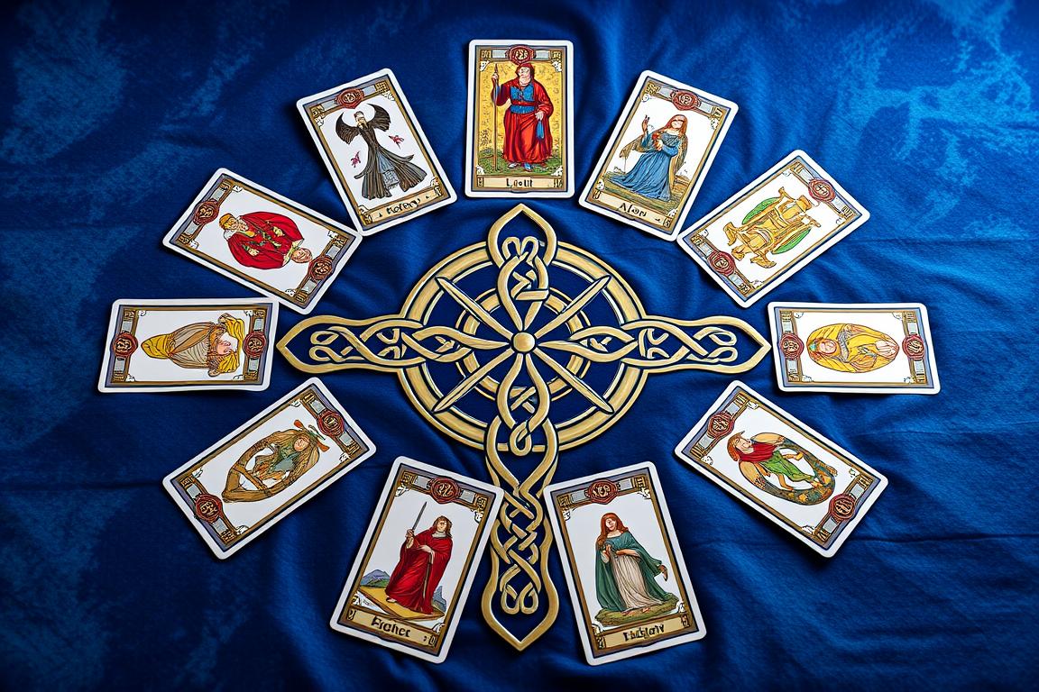 Tarot Cruz Celta com dez cartas dispostas no formato tradicional desta tiragem
