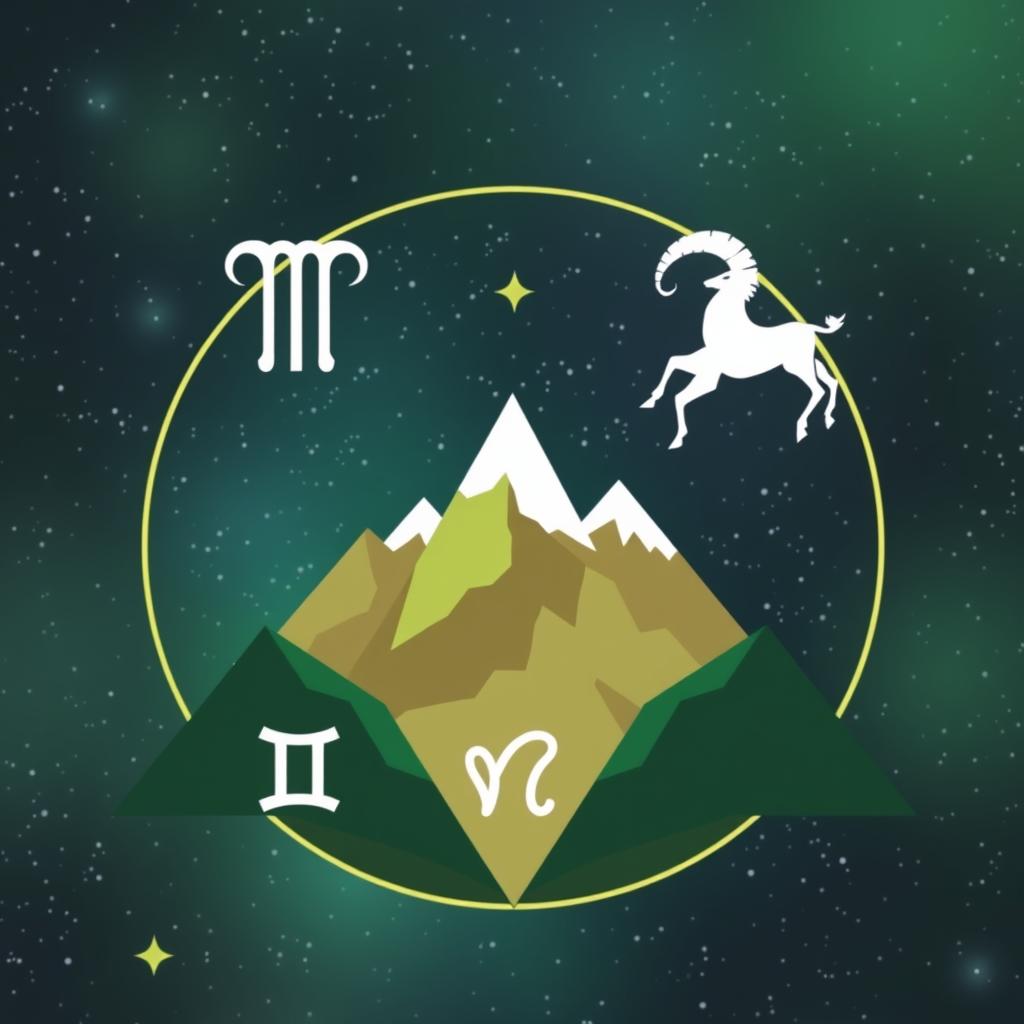 Elemento Terra e sua influência no horoscopo mensal com símbolos de Touro, Virgem e Capricórnio