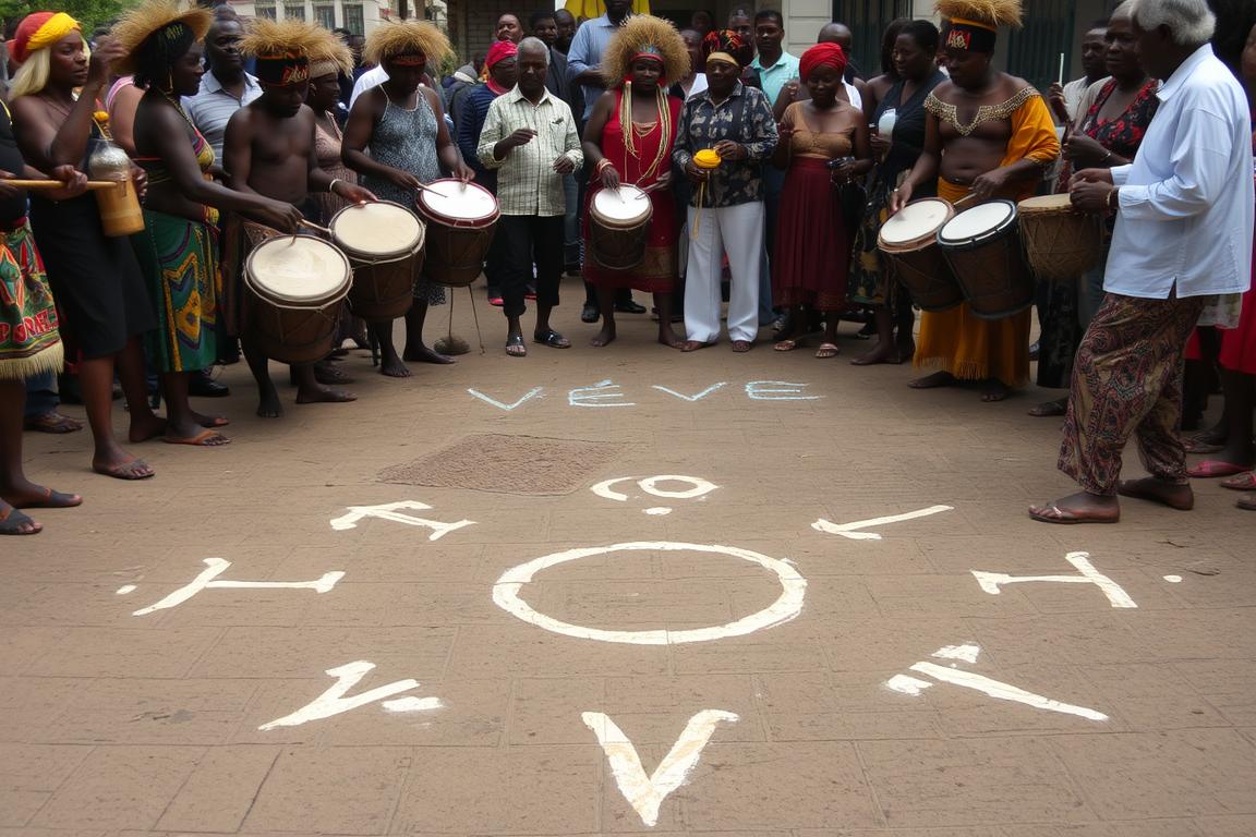 Cerimônia de Vodou haitiano com vèvès desenhados no chão e devotos em ritual