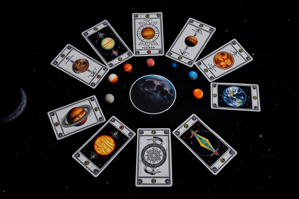 Tarot Planetário com cartas dispostas em círculo representando os planetas do sistema solar