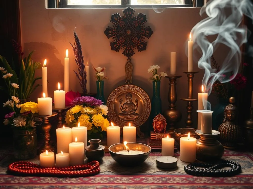 Altar com elementos sagrados para prática devocional