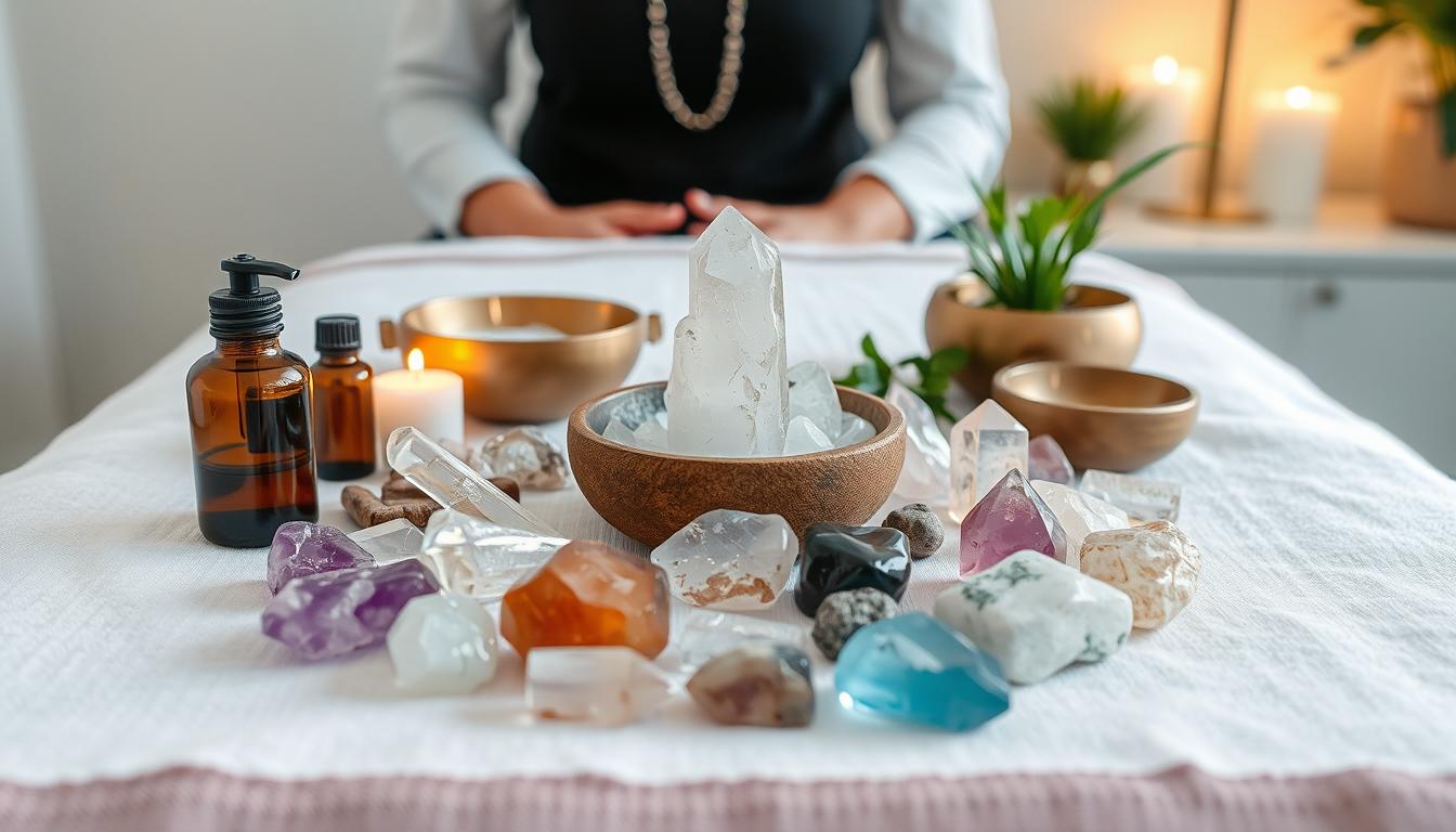 Sessão de terapia com cristais e outros elementos holísticos