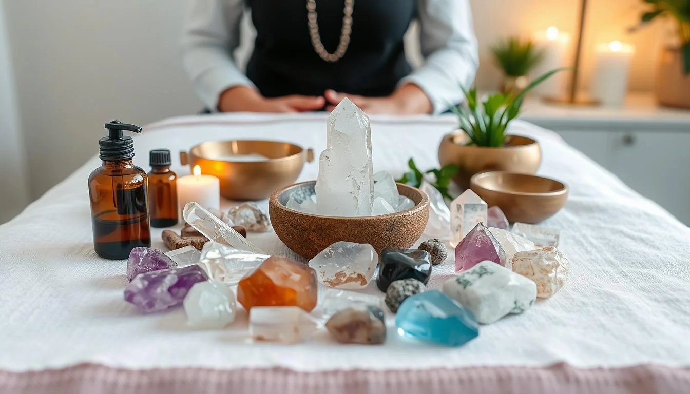 Sessão de terapia com cristais e outros elementos holísticos