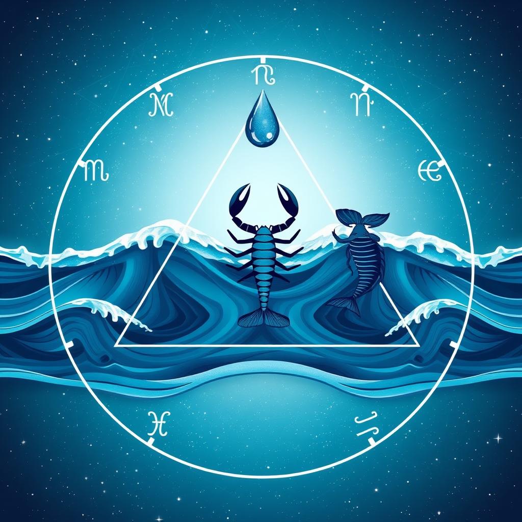 Elemento Água e sua influência no horoscopo mensal com símbolos de Câncer, Escorpião e Peixes