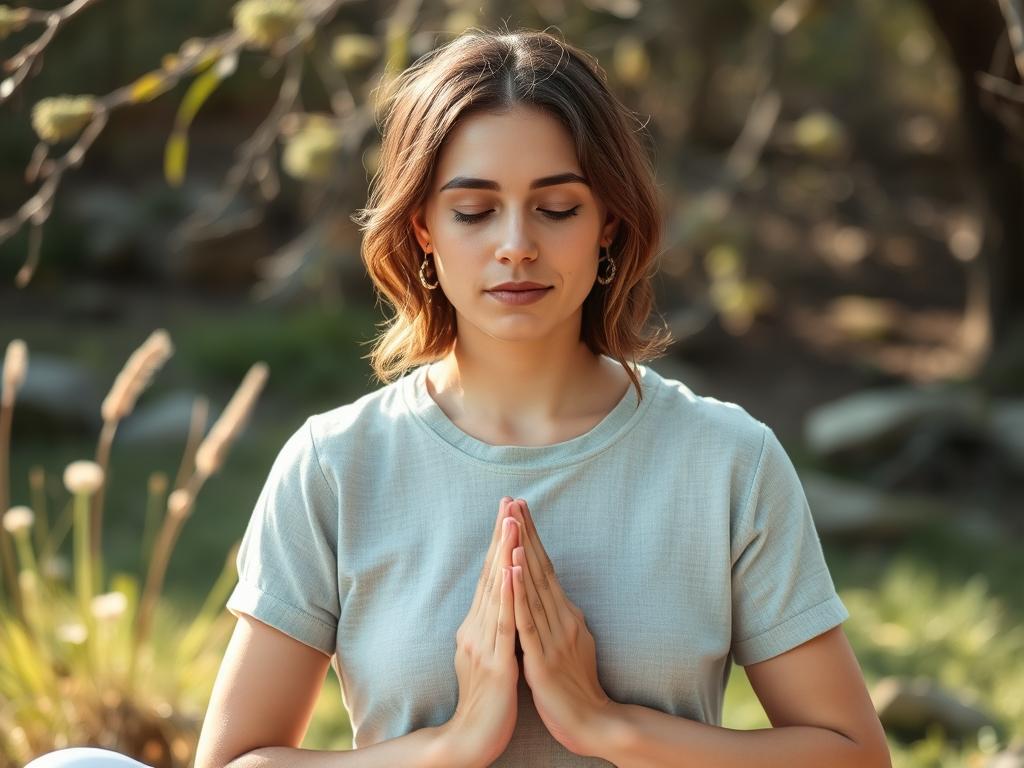 Pessoa em momento de autocuidado consciente em ambiente natural tranquilo