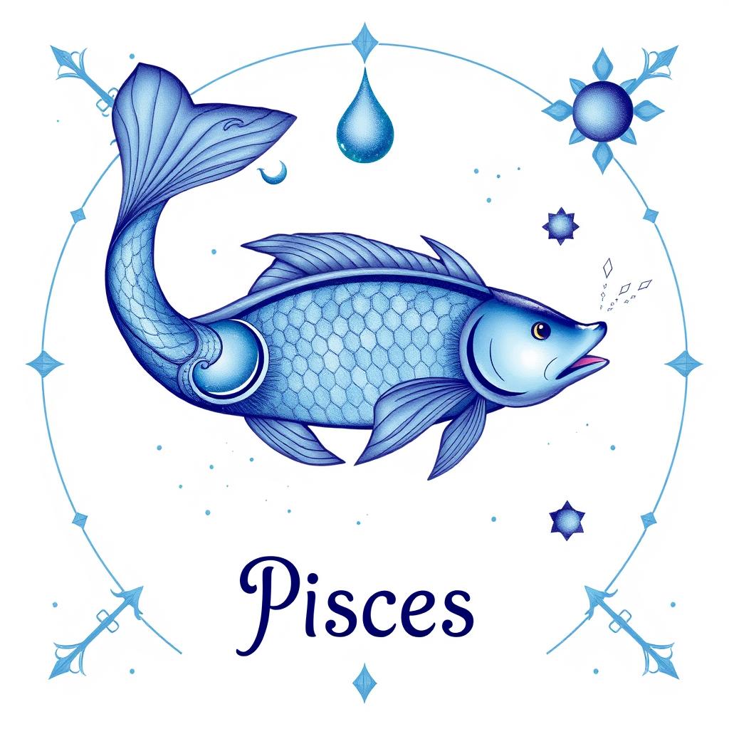 Símbolo de Peixes com elementos que representam o horoscopo mensal para este signo