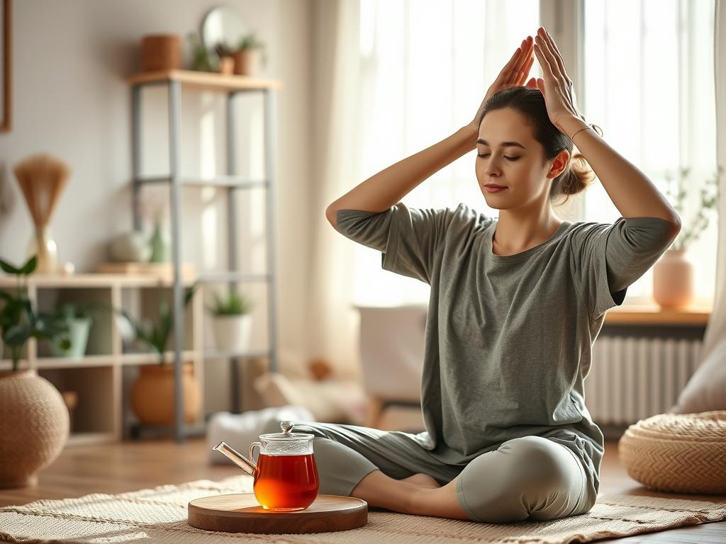 Pessoa realizando ritual matinal de integração mente-corpo com consciência plena