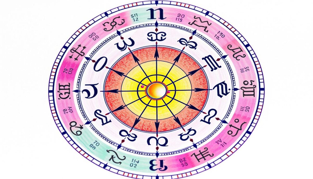 Mapa astral colorido mostrando as doze casas astrológicas e posições planetárias