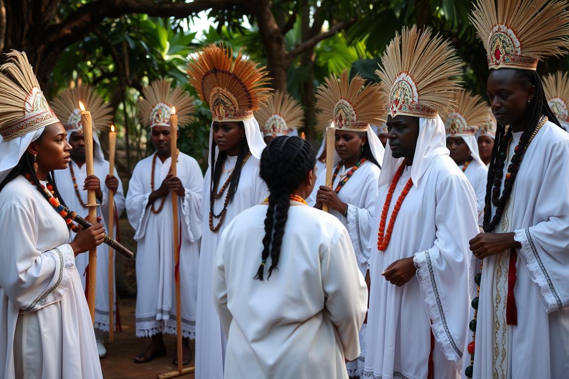 Ritual de umbanda com médiuns incorporados e guias espirituais