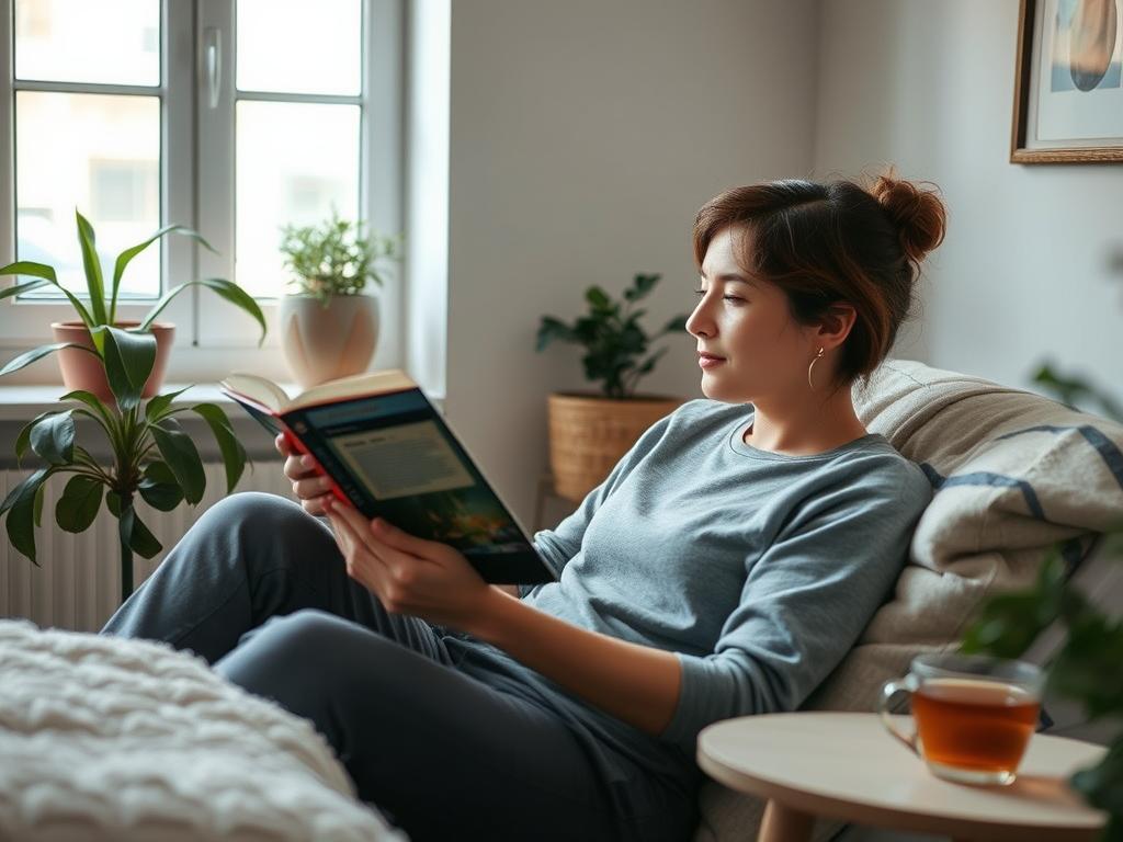 Pessoa lendo um livro em ambiente calmo, praticando autocuidado mental