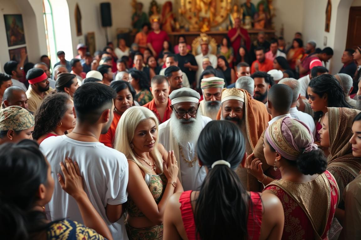 Comunidade religiosa afrodescendente reunida em celebração coletiva