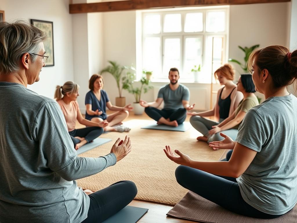 Pequeno grupo praticando juntos em círculo de apoio para integração mente-corpo