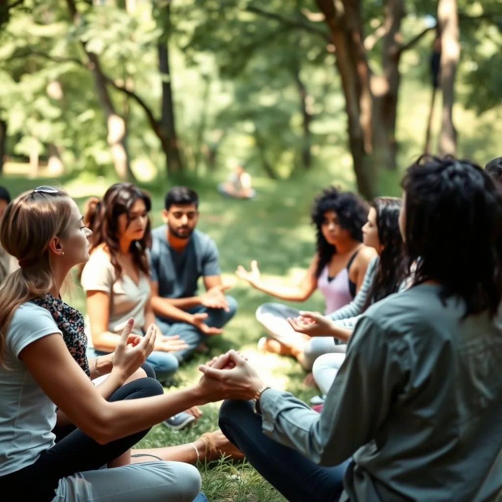 Círculo de pessoas em comunhão espiritual ao ar livre