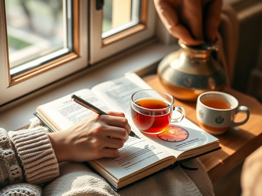 Pessoa anotando insights do horóscopo da semana em um caderno com caneta e xícara de chá