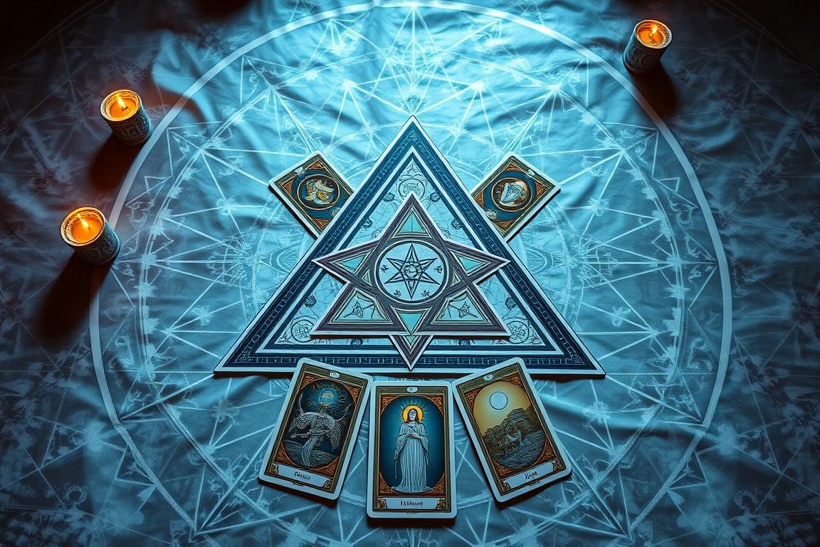 Tarot Cruz e Triângulo com cartas dispostas neste formato geométrico místico