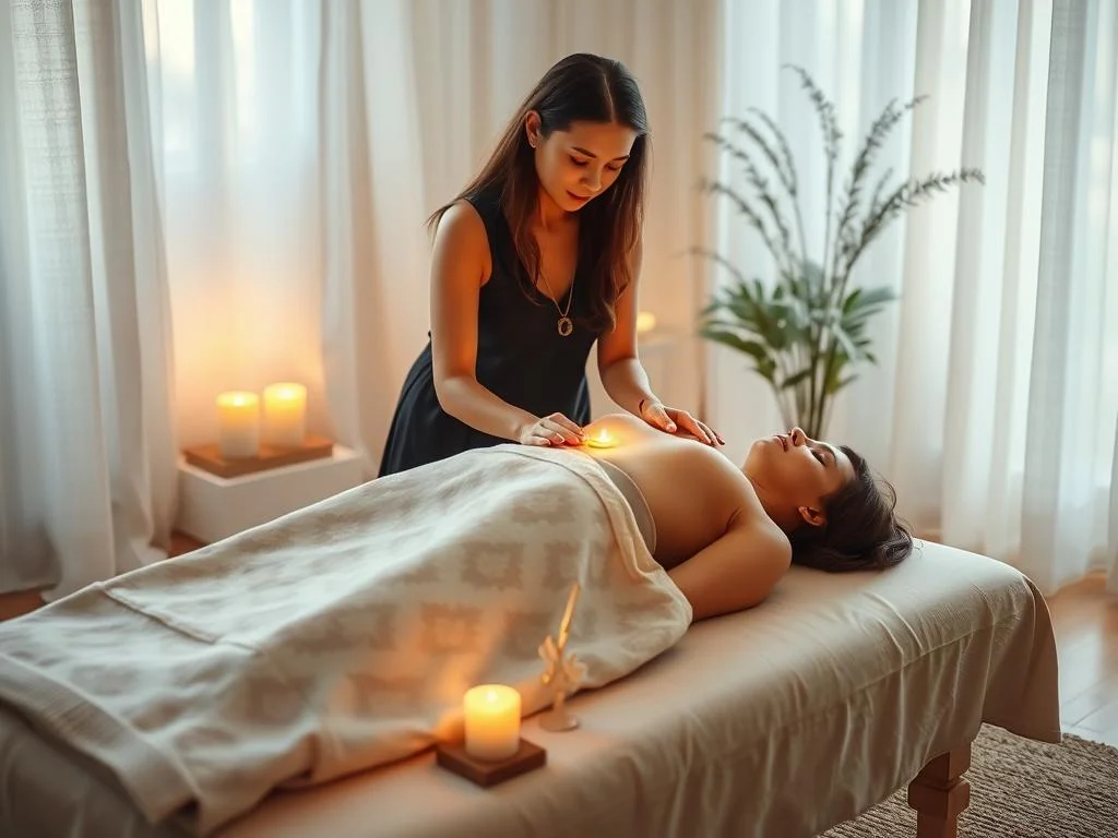 Sessão de Reiki com imposição suave das mãos sobre os chacras em ambiente de cura